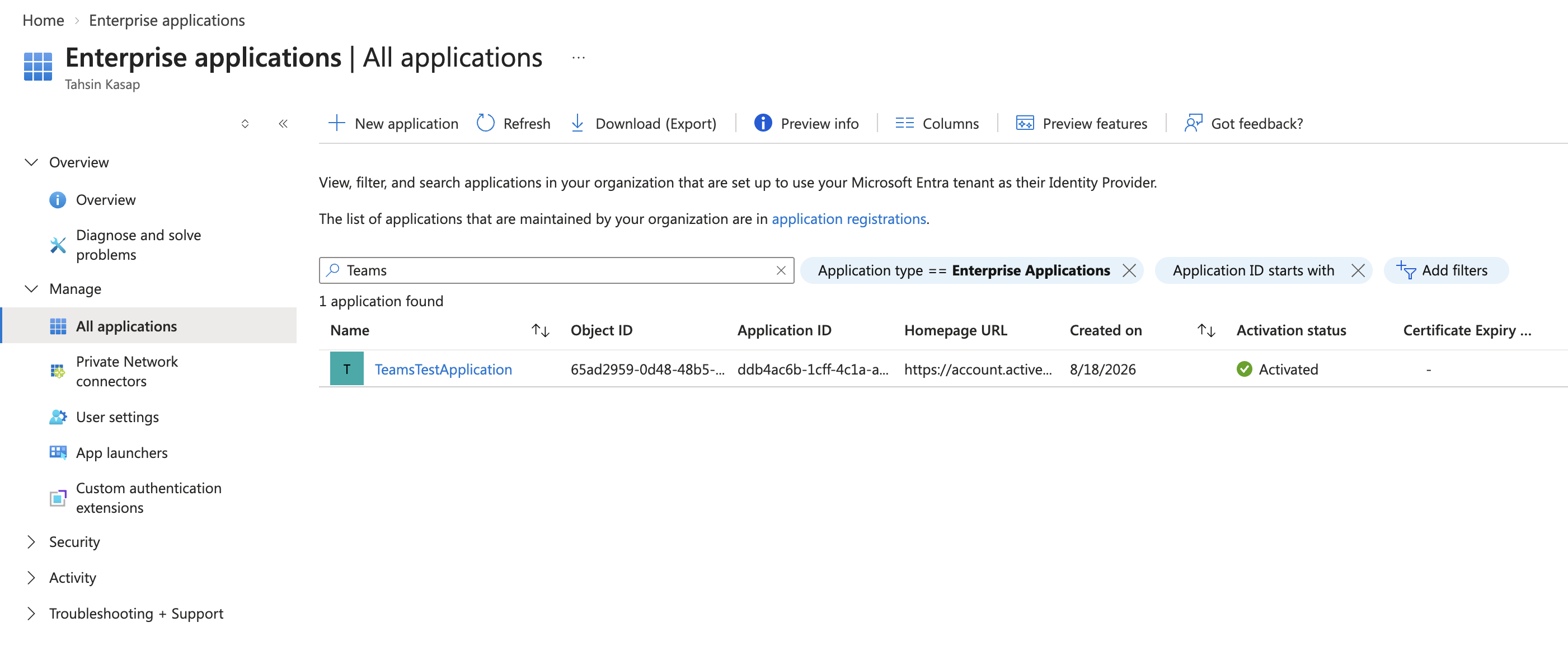 Microsoft Entra Enterprise applications list with the newly created application