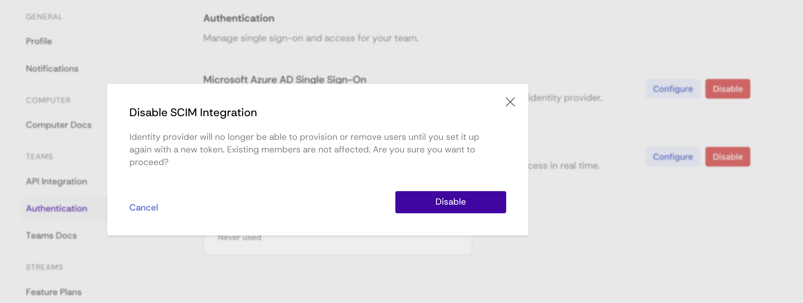 Disable SCIM Integration confirmation dialog in Vagon settings