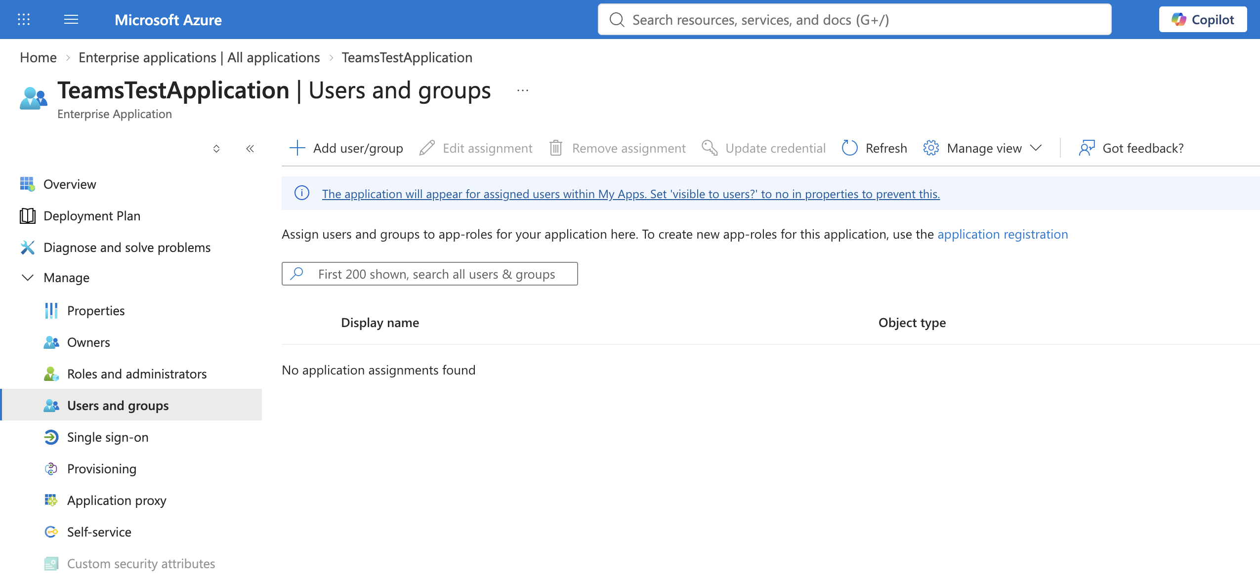 Users and groups page with no assignments yet