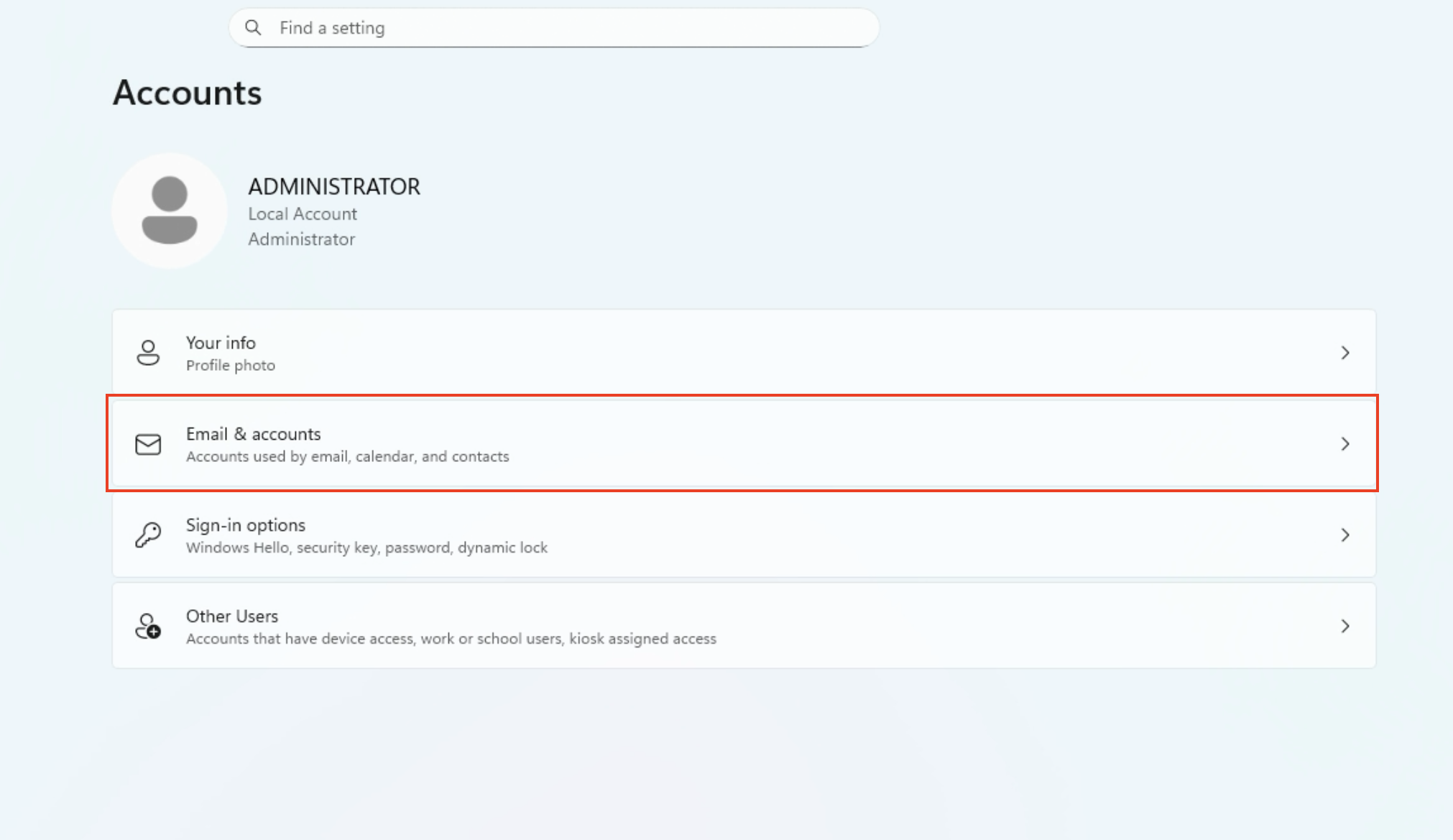 Accounts settings with Email & accounts highlighted