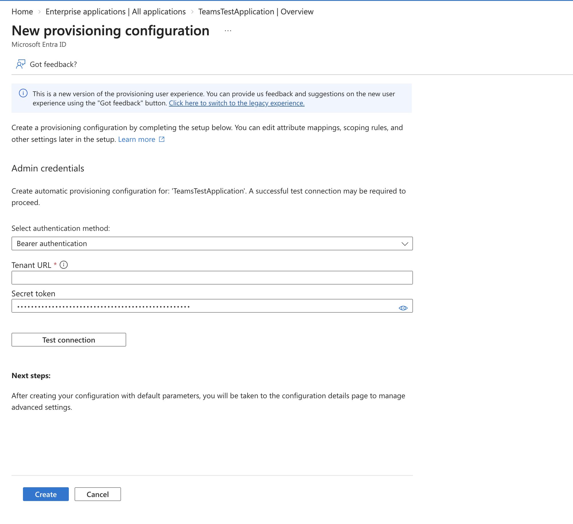 New provisioning configuration with Bearer authentication, Tenant URL, Secret token, and the Test connection button