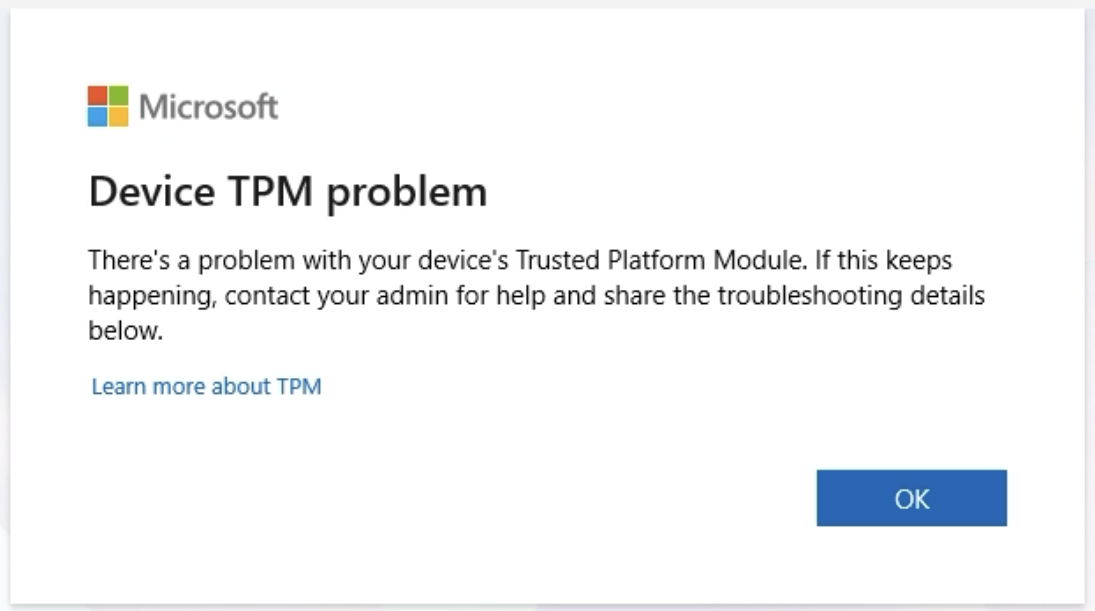 Device TPM problem error dialog