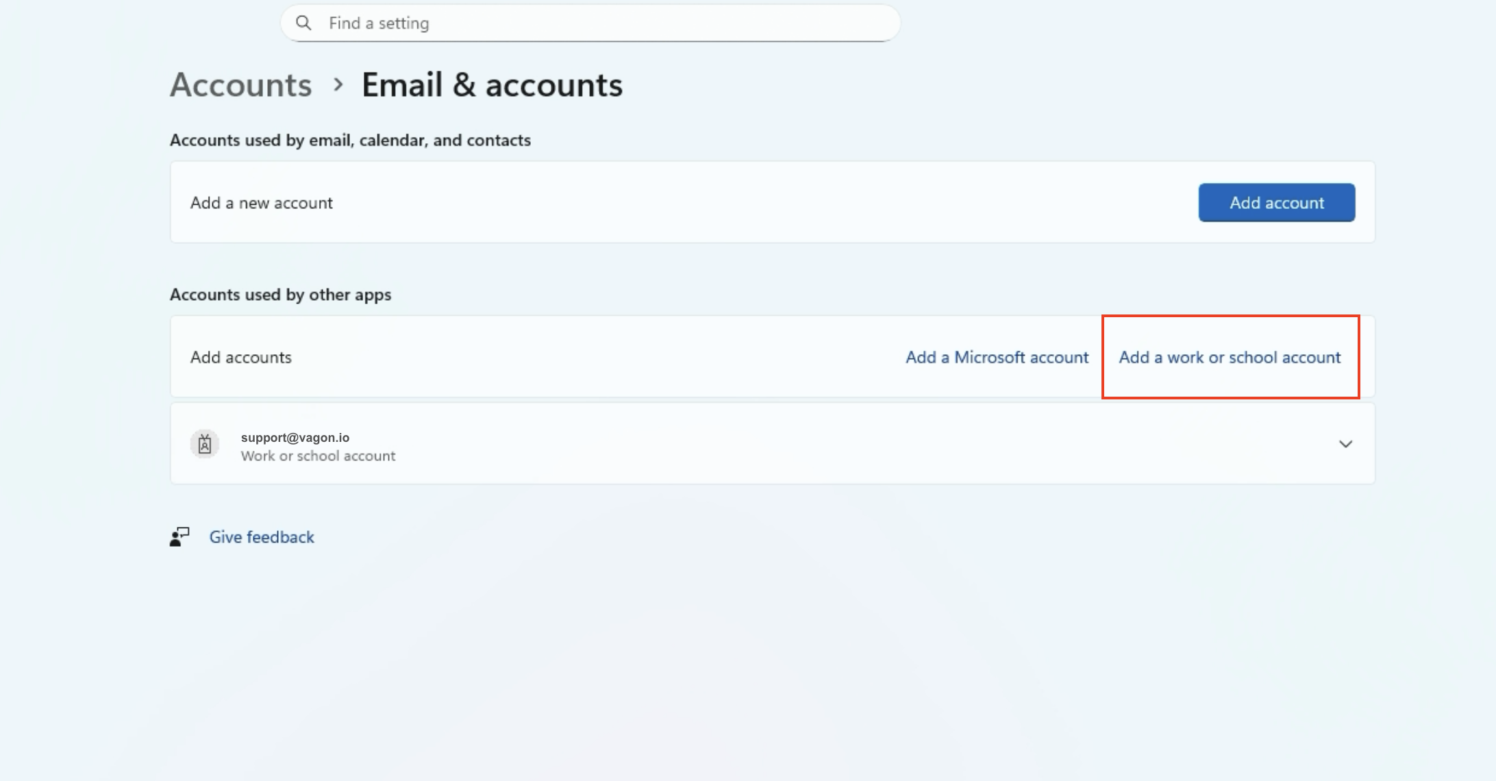 Email & accounts page with Add a work or school account highlighted