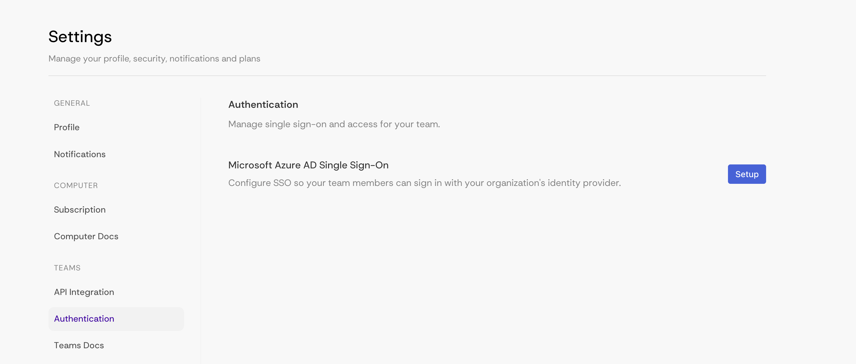 Authentication settings with the Microsoft Azure AD Single Sign-On Setup button