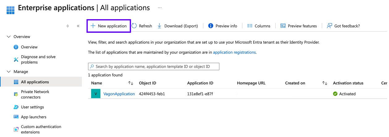 Microsoft Entra Enterprise applications list with the New application button