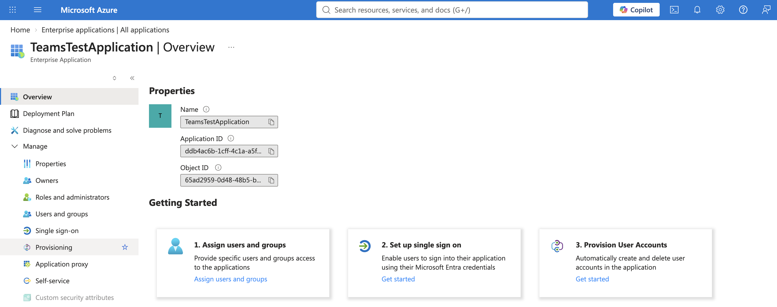 Enterprise application Overview page with Provisioning in the sidebar