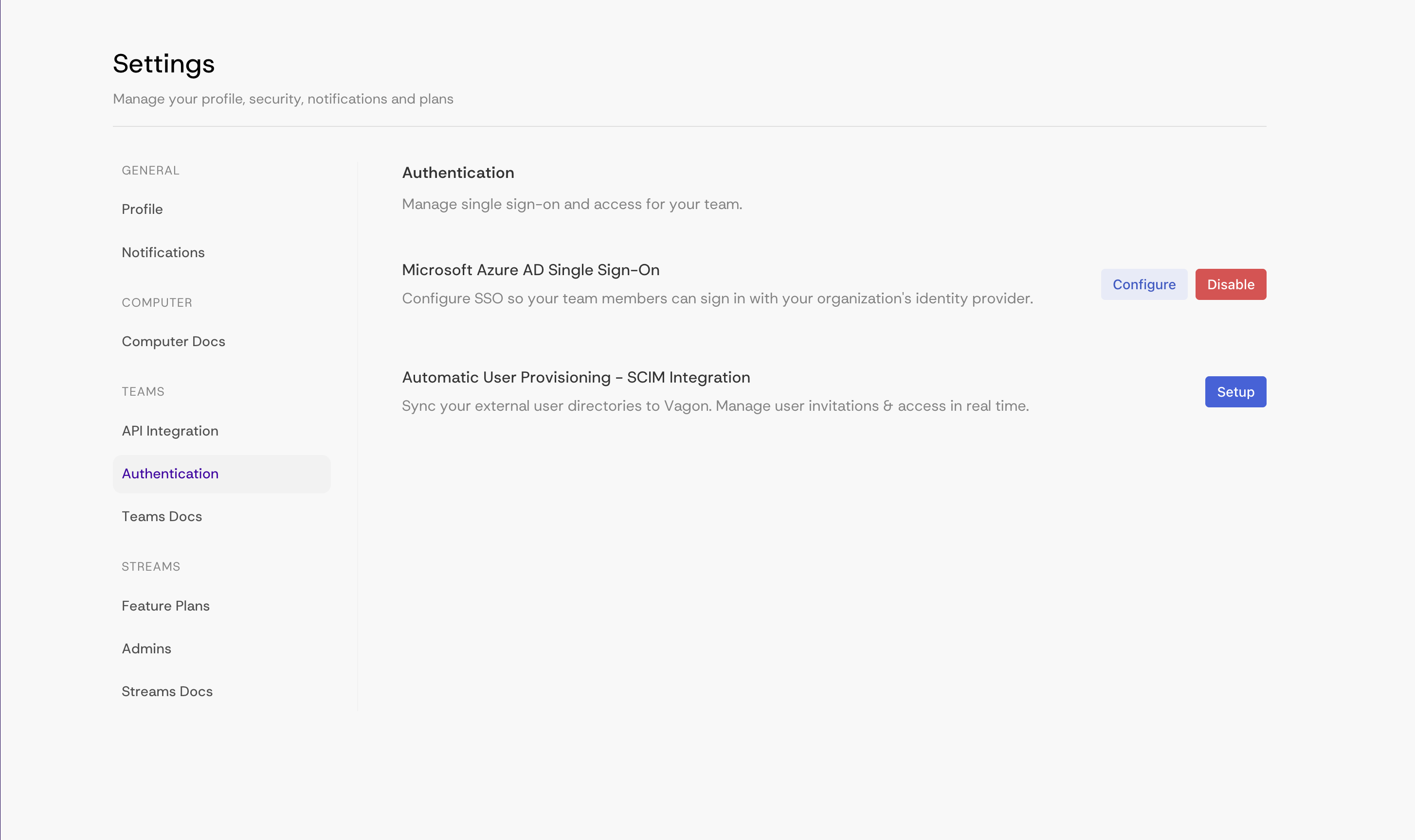 Vagon Authentication settings with the Automatic User Provisioning - SCIM Integration section and its Setup button
