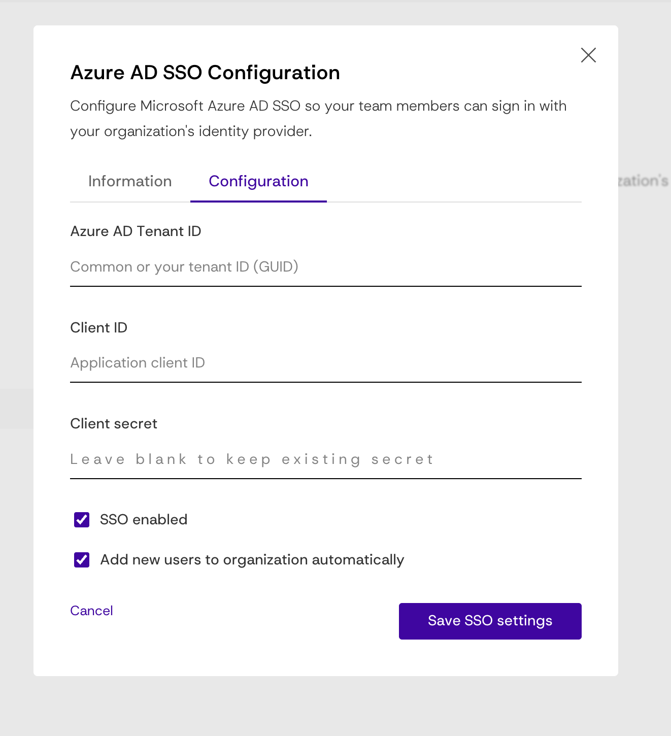 Configuration tab with Azure AD Tenant ID, Client ID, Client secret, and the Save SSO settings button