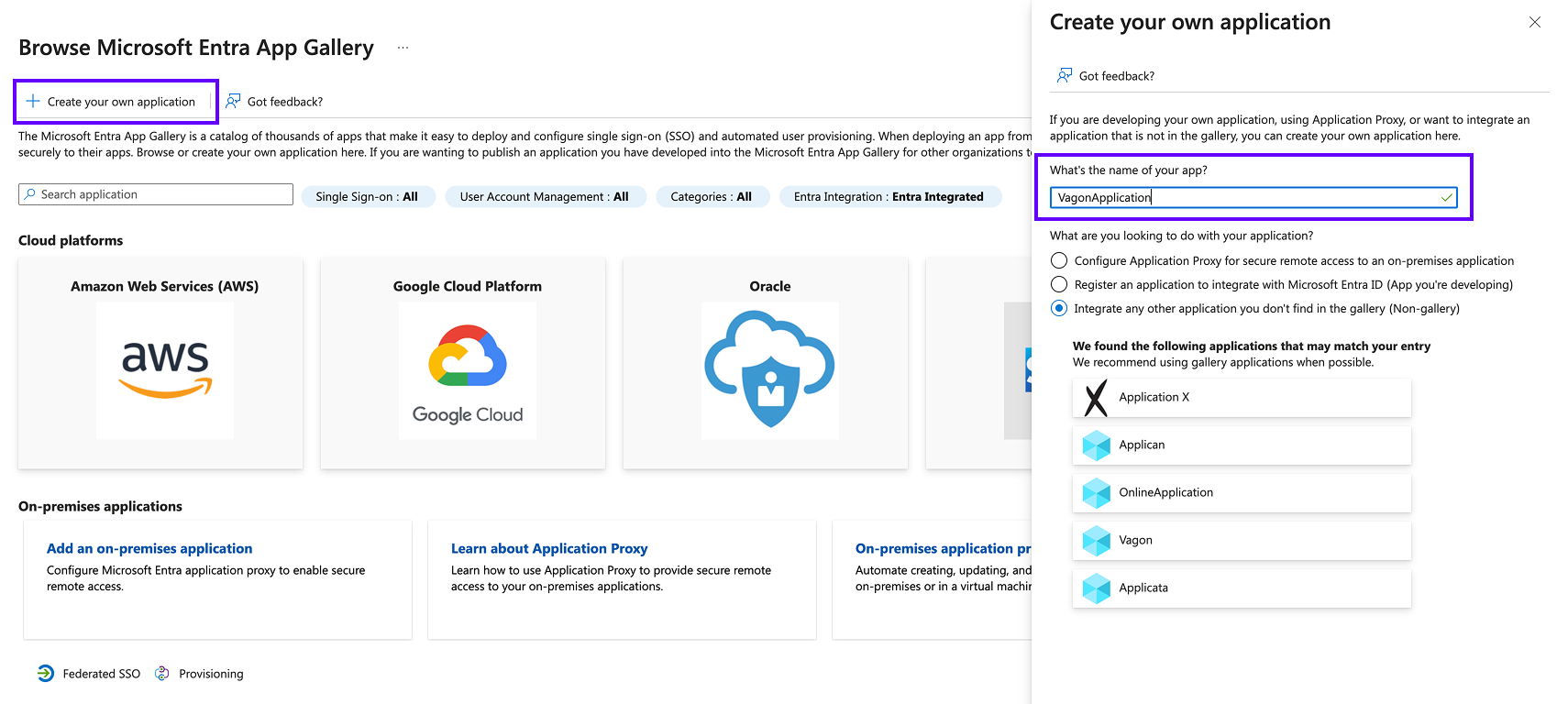 Create your own application panel with the Non-gallery option selected