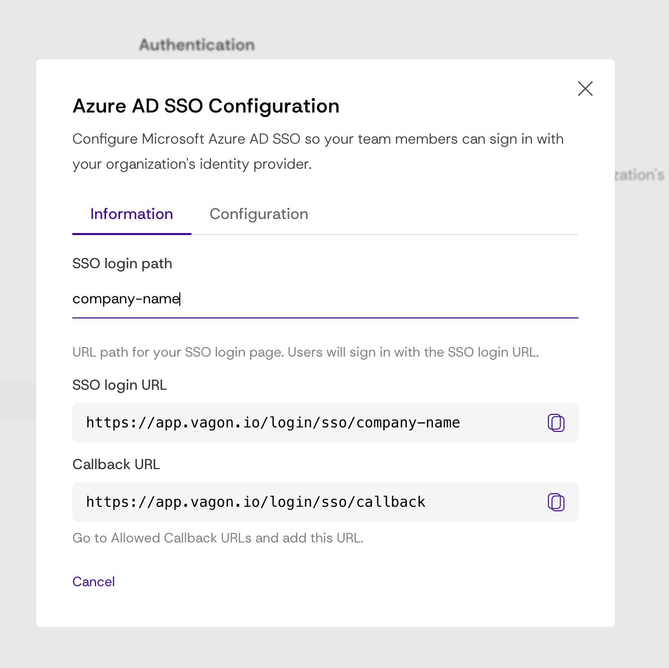 Information tab showing SSO login path, SSO login URL, and Callback URL