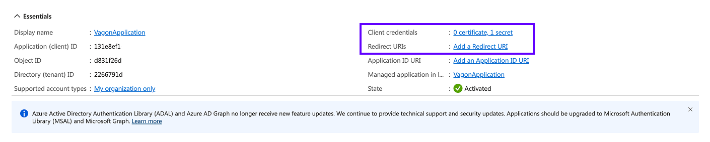 App registration Essentials showing Application (client) ID and Directory (tenant) ID