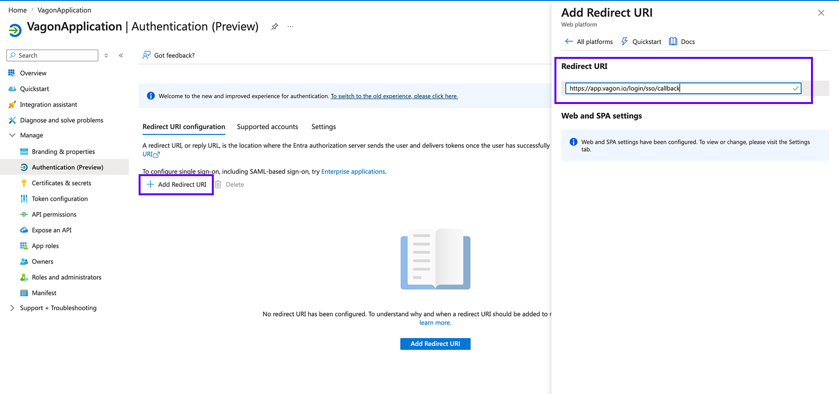 Redirect URI configuration with a Web platform entry for the Vagon callback URL