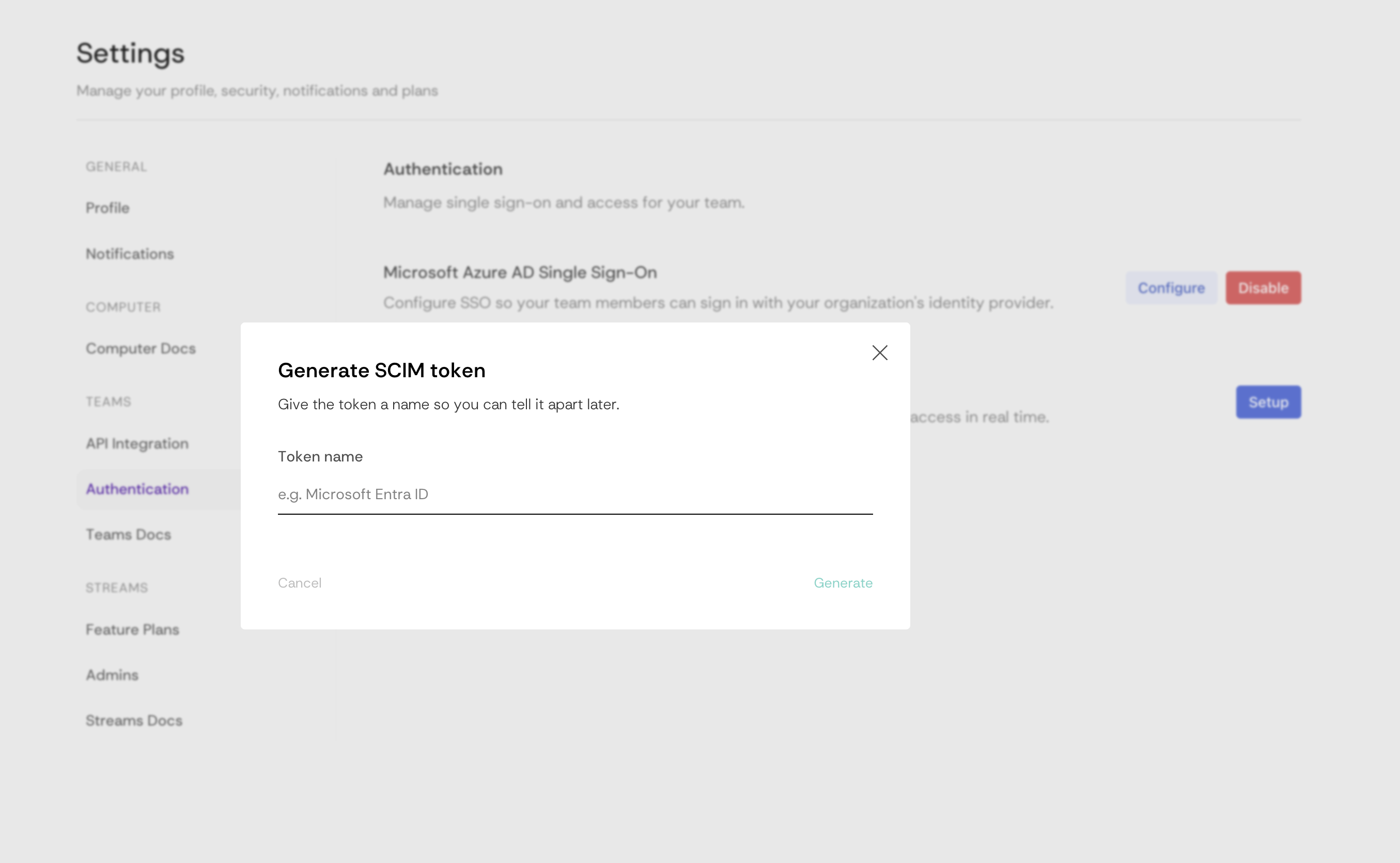 Generate SCIM token dialog with the Token name field
